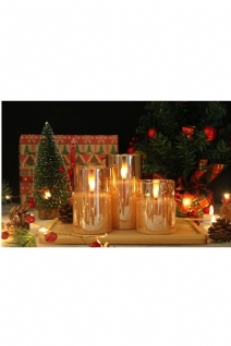 3D Mum Efektli 3'lü Mum Set, Pilli Dekoratif Mum Efektli Şamdan, Masa, Gece Lambası 3'lü Mum Set