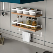 Olea Çok Amaçlı Metal Duvar Rafı - Beyaz Çerçeveli Ahşap Raflı