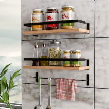 Olea Çok Amaçlı Metal Duvar Rafı - Siyah Çerçeveli Ahşap Raflı